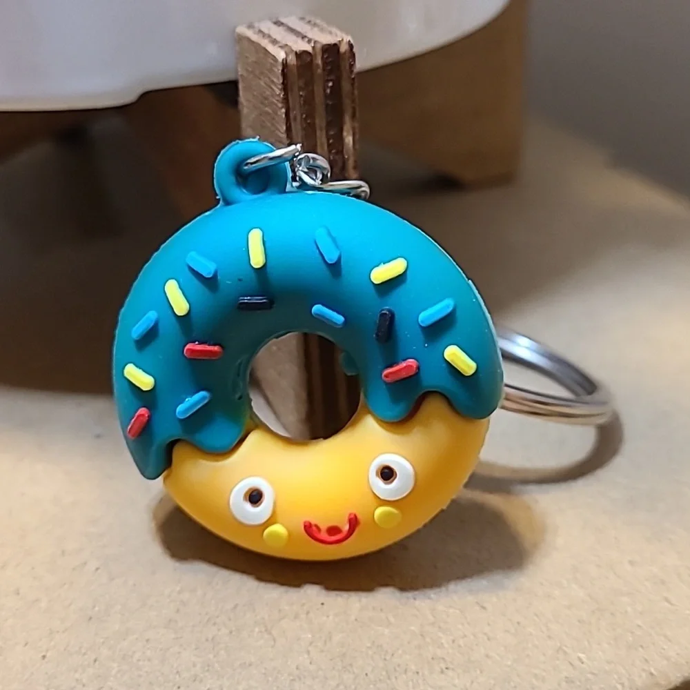 Cute Donut Keychain with Face, Teal Icing and‎ Sprinkles, Fun Food Accessory